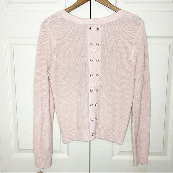 Cabi Eliza Pink Chunky Knit,m Faux Lace Up Back Button Front Cardigan Sweater - Picture 7 of 10